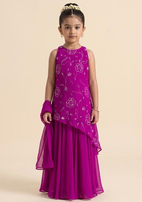 Fuchsia Pink Handwork Goergette Sharara Set For Girls — view on Indya