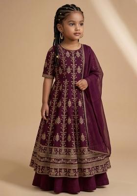 Wine Embroidered Silk Anarkali Set For Girls