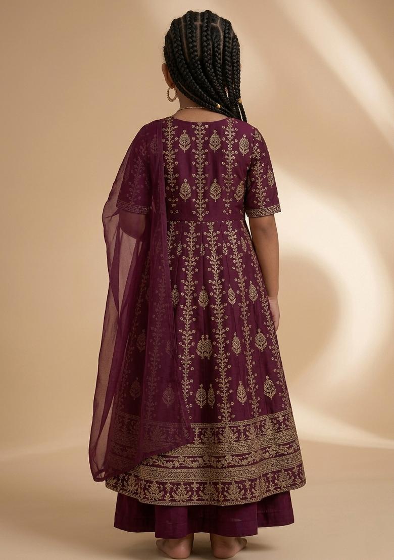 Wine Embroidered Silk Anarkali Set For Girls - Indya