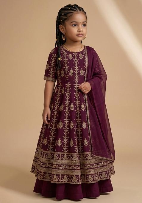 Wine Embroidered Silk Anarkali Set For Girls — view on Indya