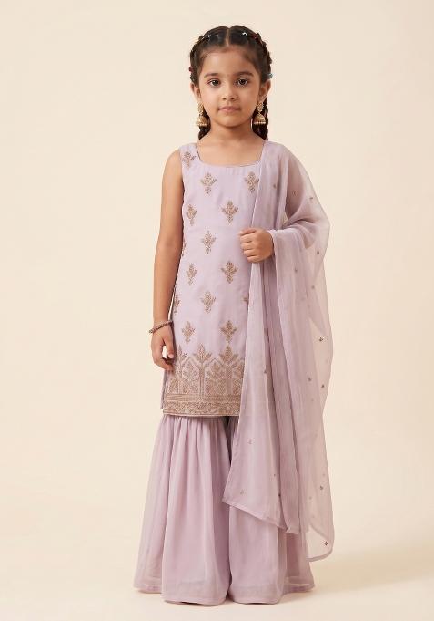 Lavender Sequin Shimmer Sharara Set For Girls