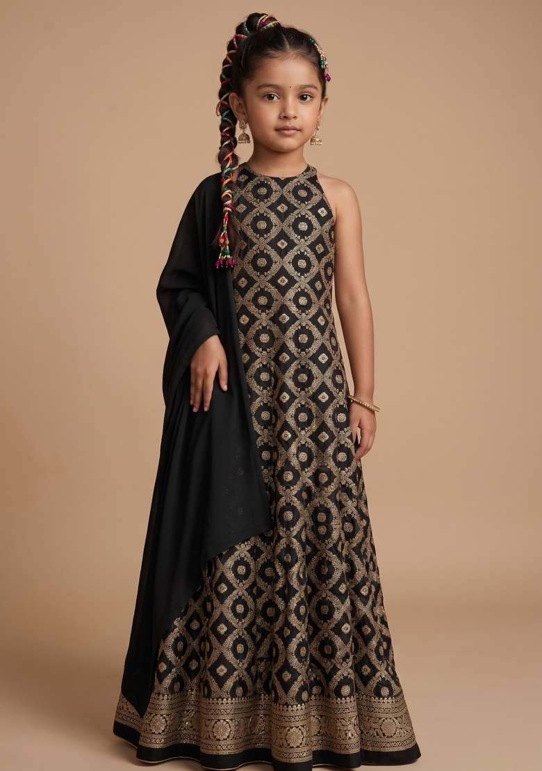 Black Silk Anarkali With Dupatta For Girls - Indya