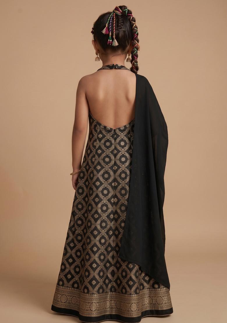 Black Silk Anarkali With Dupatta For Girls - Indya