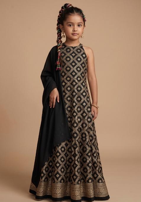 Black Silk Anarkali With Dupatta For Girls — view on Indya
