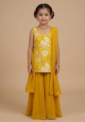 Mustard Floral Print Crepe Sharara Set For Girls