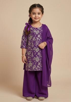 Purple Embroidered Tissue Sharara Set For Girls
