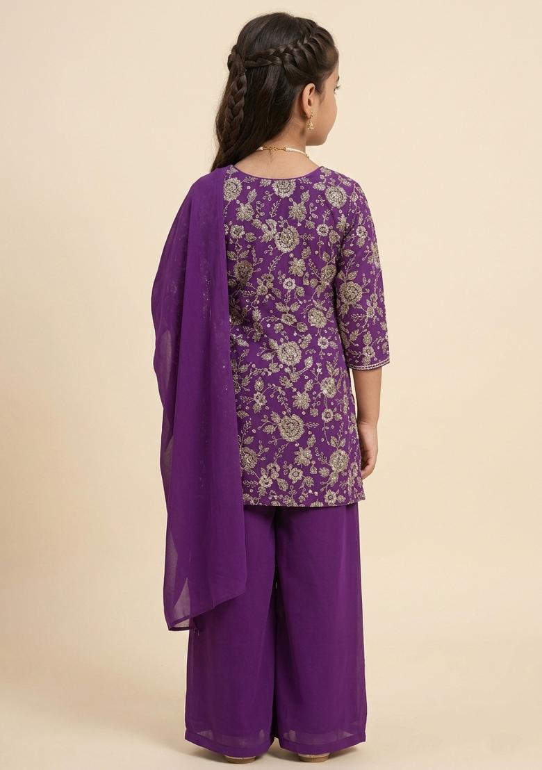 Purple Embroidered Tissue Sharara Set For Girls - Indya