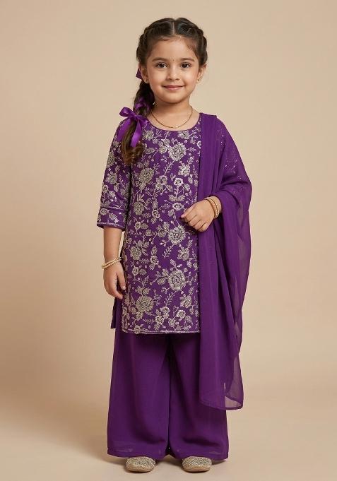 Purple Embroidered Tissue Sharara Set For Girls — view on Indya