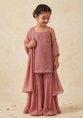 Pink Embroidered Crepe Sharara Set For Girls