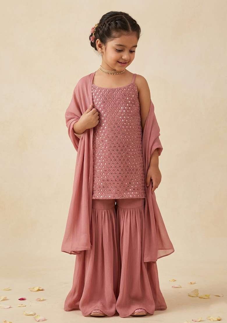 Pink Embroidered Crepe Sharara Set For Girls - Indya