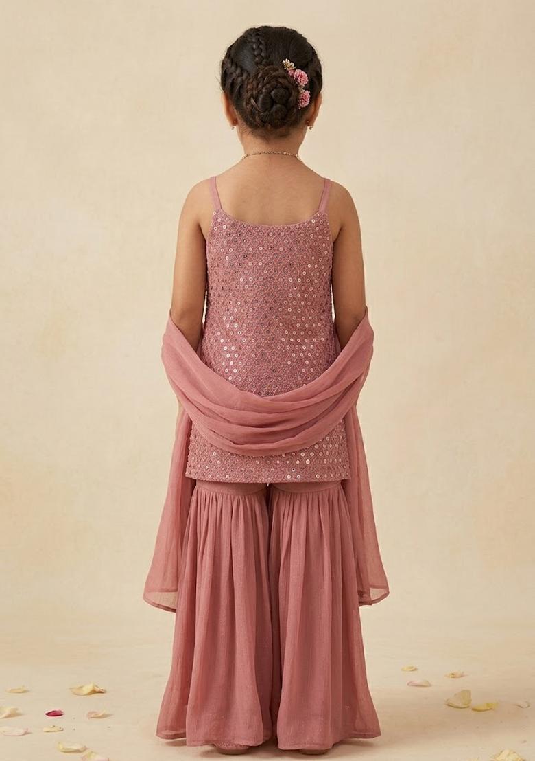 Pink Embroidered Crepe Sharara Set For Girls - Indya