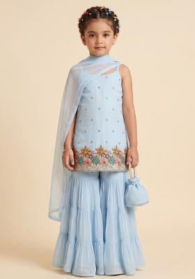 Powder Blue Embroidered Crepe Sharara Set For Girls