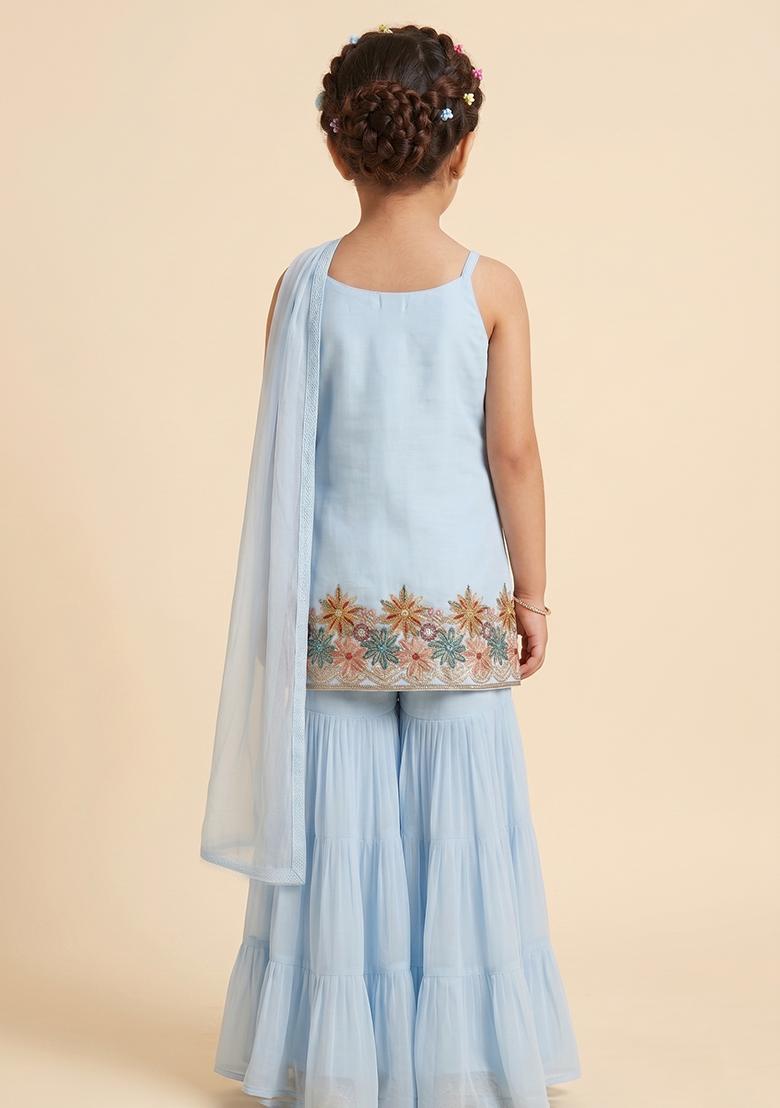 Powder Blue Embroidered Crepe Sharara Set For Girls - Indya
