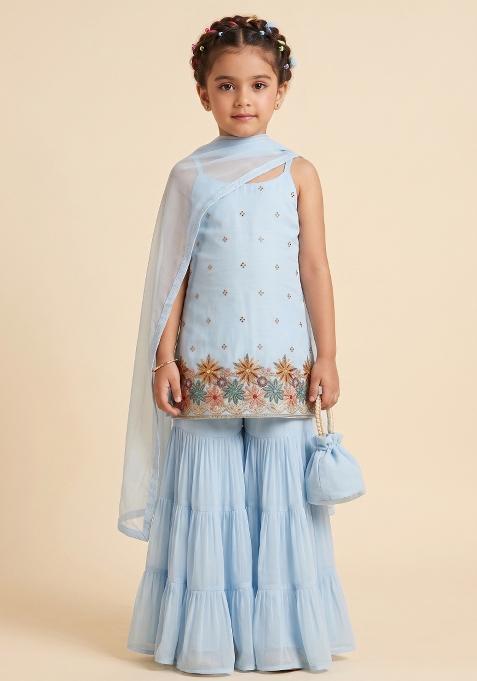Powder Blue Embroidered Crepe Sharara Set For Girls