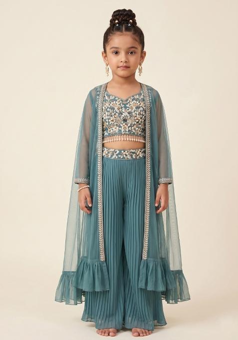 Teal Embellished Designer Fusion Set For Girls — view on Indya