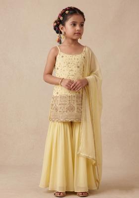Lemon Yellow Embroidered Crepe Sharara Set For Girls