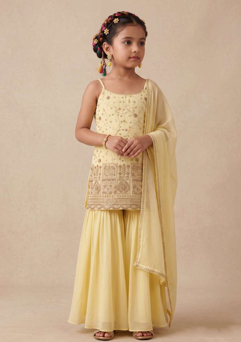 Lemon Yellow Embroidered Crepe Sharara Set For Girls - Indya
