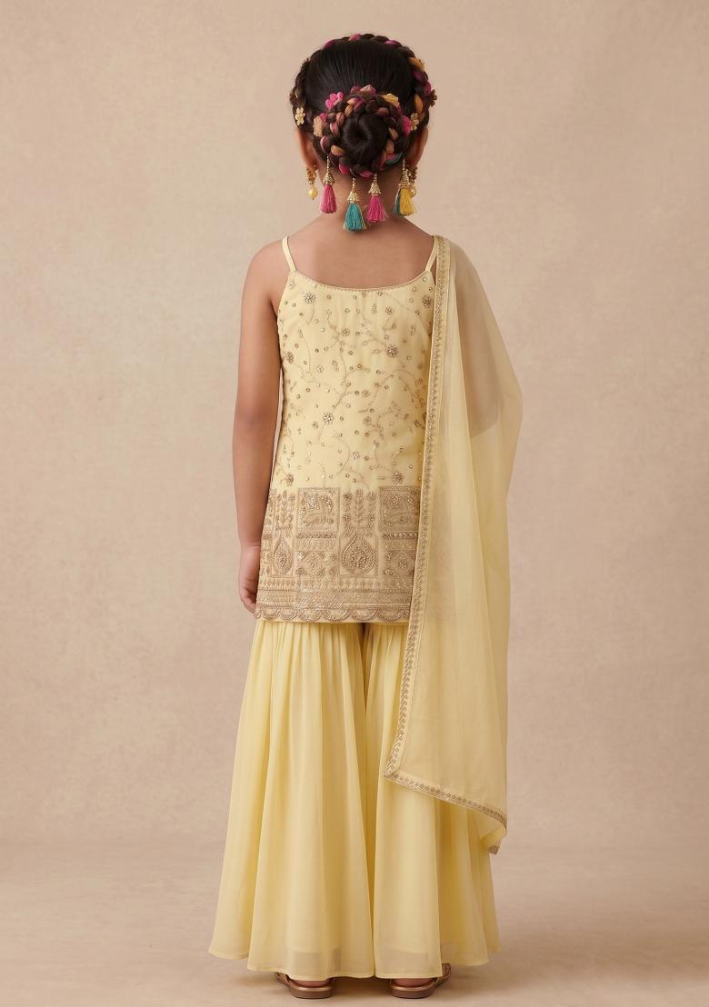 Lemon Yellow Embroidered Crepe Sharara Set For Girls - Indya