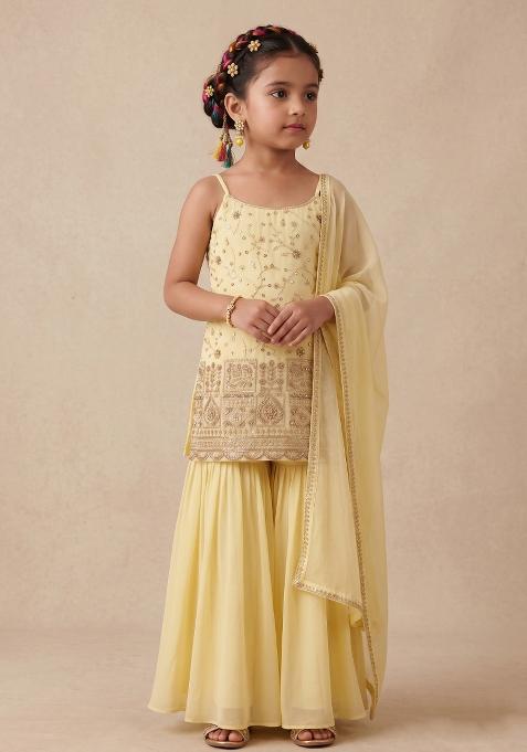 Lemon Yellow Embroidered Crepe Sharara Set For Girls