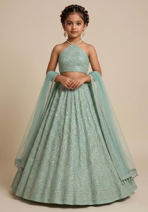 Aqua Blue Embroidered Chiffon Lehenga Set For Girls — view on Indya
