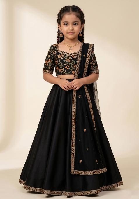 Black Embellished Blouse With Lehenga Set For Girls — view on Indya