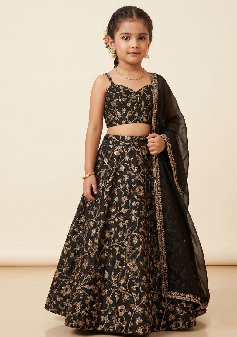 Black Georgette Embroidered Lehenga Set For Girls - Indya