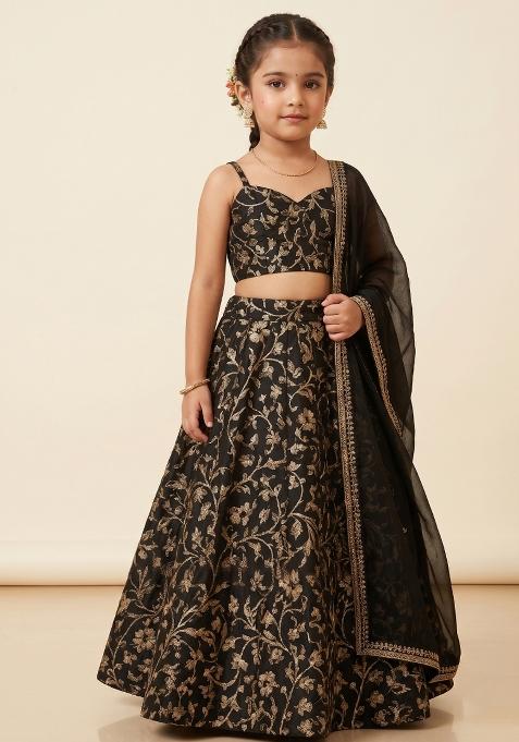 Black Georgette Embroidered Lehenga Set For Girls — view on Indya