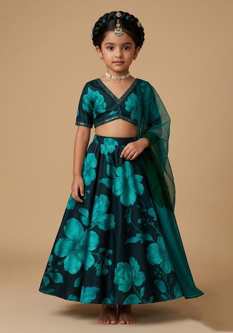 Blue Printed Georgette Lehenga Set For Girls