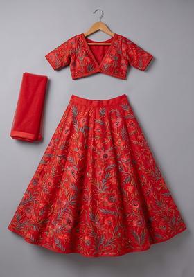 Red Printed Georgette Lehenga Set For Girls