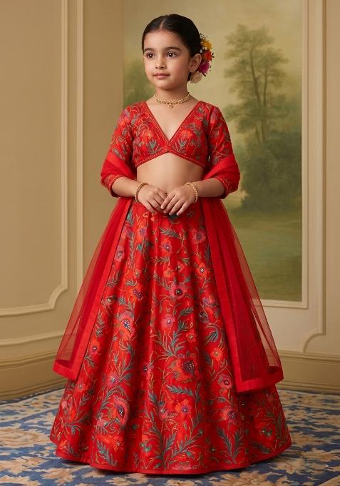 Red Printed Georgette Lehenga Set For Girls — view on Indya