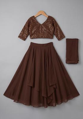 Brown Hand Work Chinnon Lehenga Set For Girls