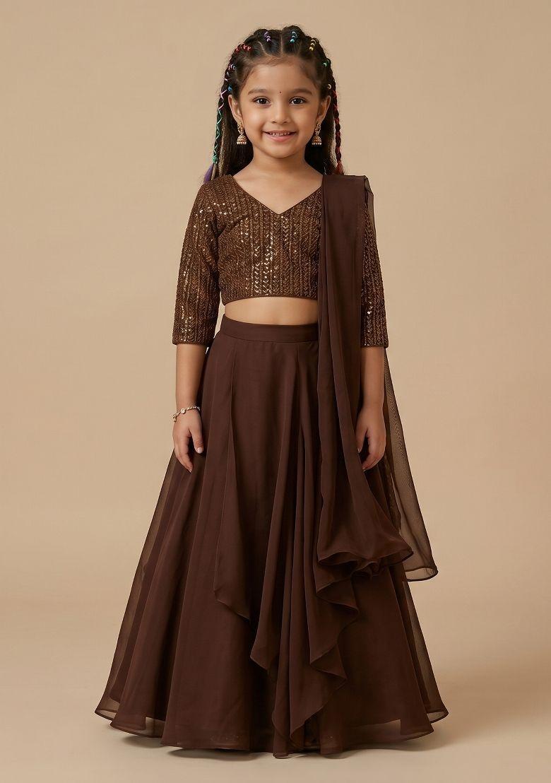 Brown Hand Work Chinnon Lehenga Set For Girls - Indya