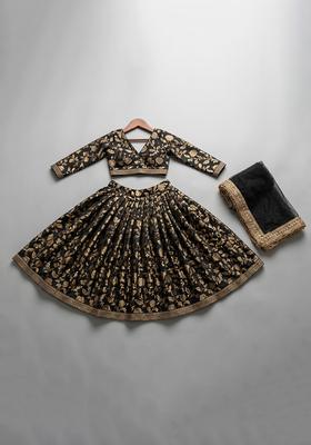 Black Printed Satin Georgette Lehenga Set For Girls