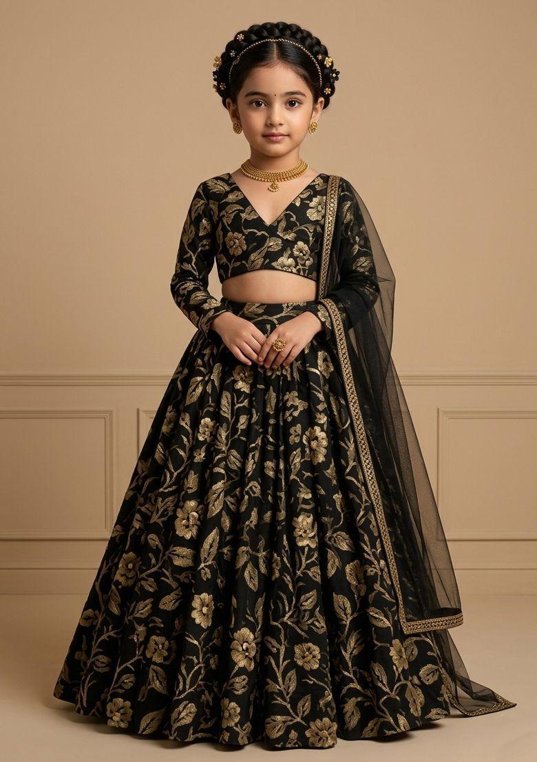 Black Printed Satin Georgette Lehenga Set For Girls - Indya