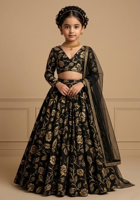 Black Printed Satin Georgette Lehenga Set For Girls — view on Indya