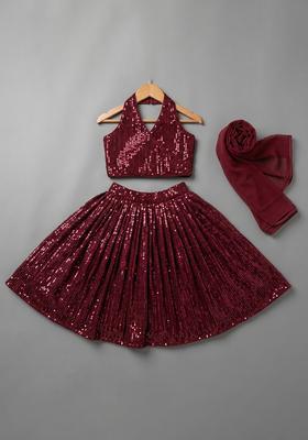 Wine Sequin Embellished Net Lehenga Set For Girls