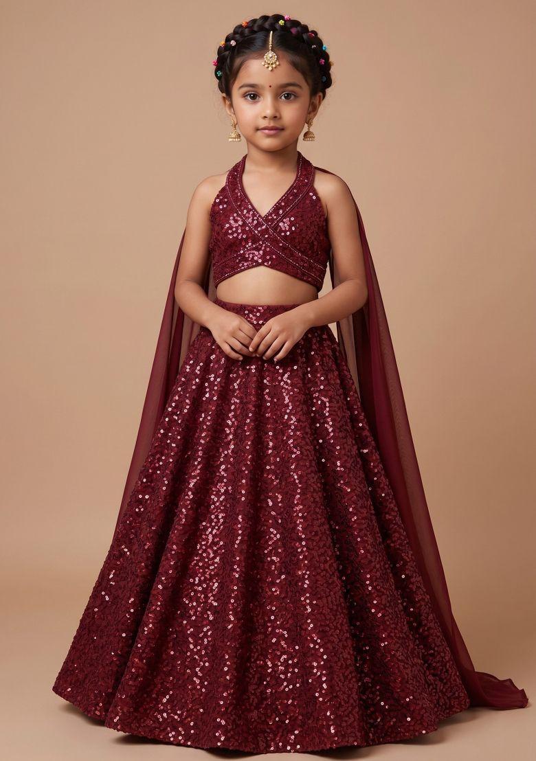 Wine Sequin Embellished Net Lehenga Set For Girls - Indya