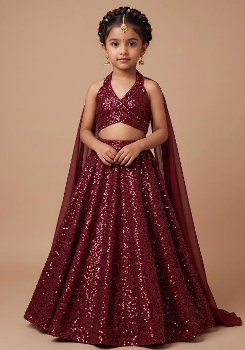 Wine Sequin Embellished Net Lehenga Set For Girls — view on Indya