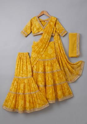 Yellow Floral Printed Chiffon Lehenga Set For Girls