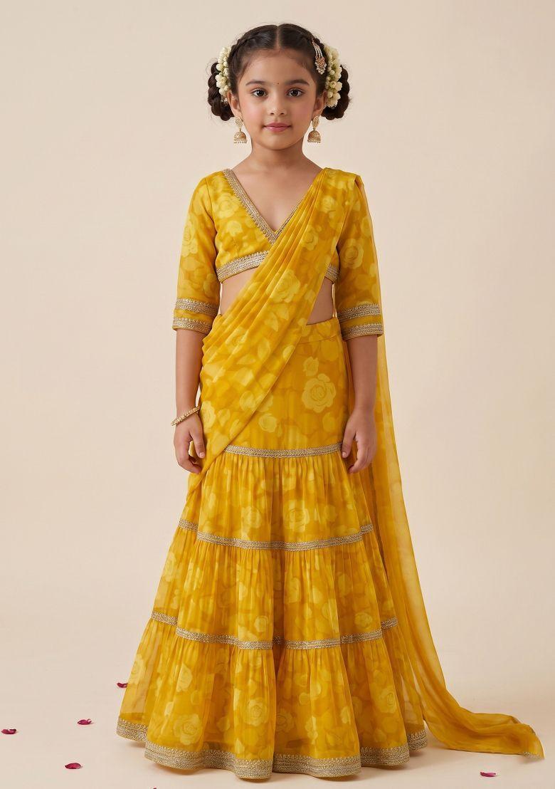 Yellow Floral Printed Chiffon Lehenga Set For Girls - Indya