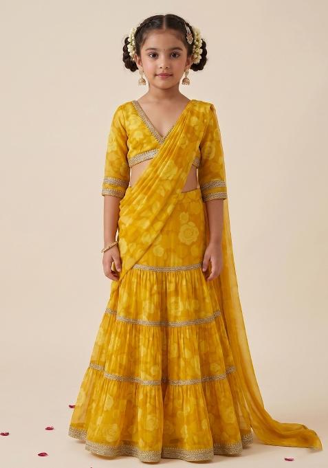 Yellow Floral Printed Chiffon Lehenga Set For Girls — view on Indya