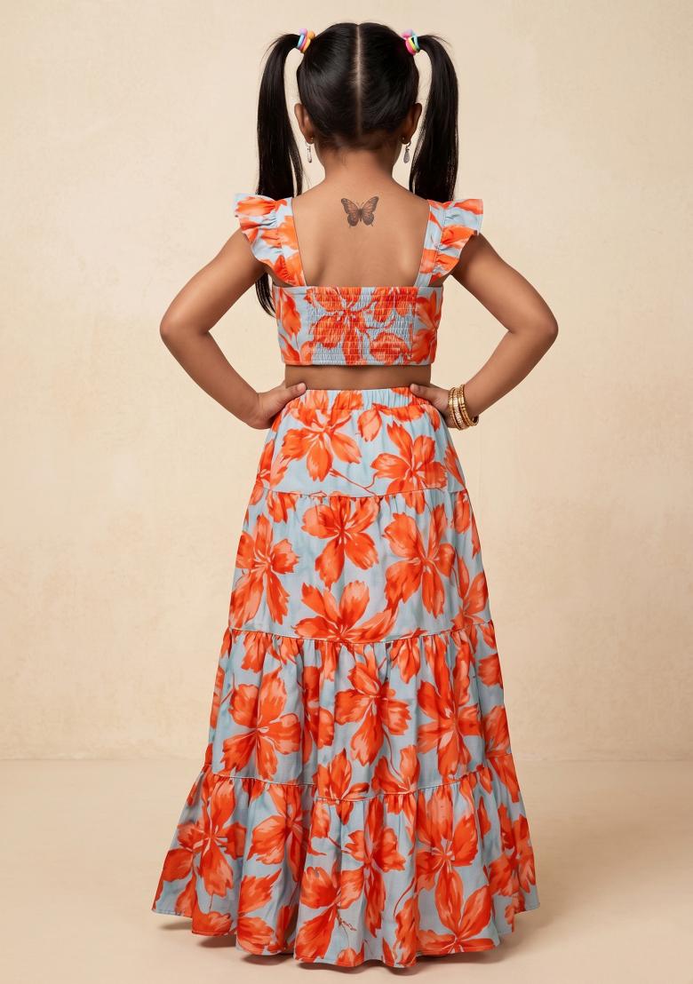 Light Blue Satin Floral Printed Fusion Set For Girls - Indya
