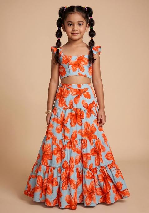 Light Blue Satin Floral Printed Fusion Set For Girls — view on Indya