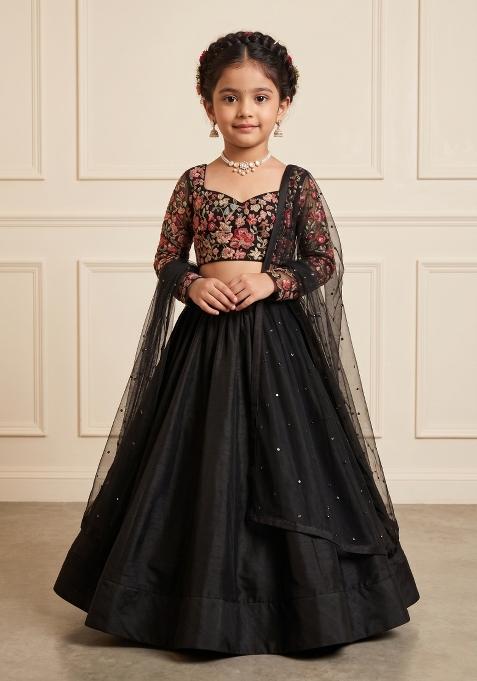Black Embroidered Silk Lehenga Set For Girls — view on Indya
