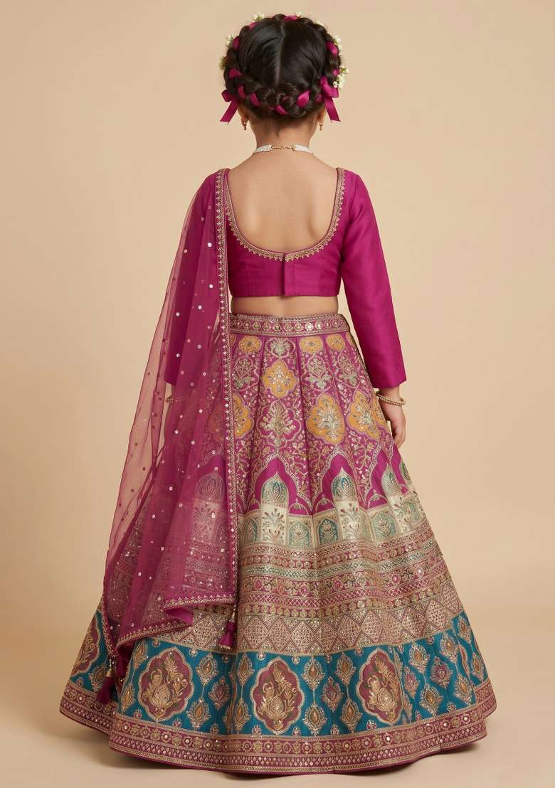 Wine Figure Print Crepe Lehenga Set For Girls - Indya
