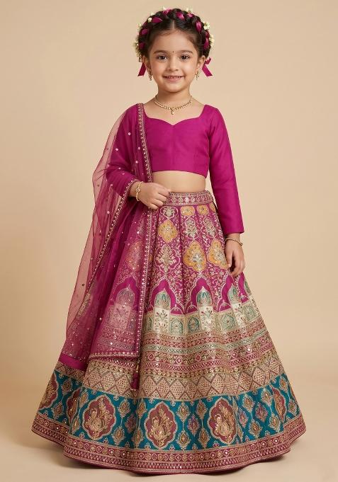 Wine Figure Print Crepe Lehenga Set For Girls