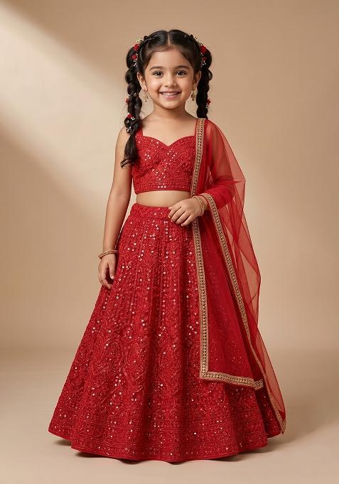 Deep Red Sequin Embroidery Net Lehenga Set For Girls — view on Indya
