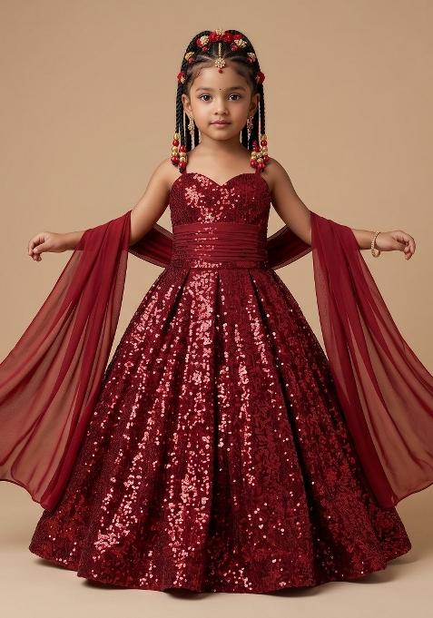 Red Sequin Net Lehenga Set For Girls — view on Indya