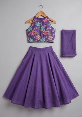 Purple Embroidery Blouse Crepe Lehenga Set For Girls