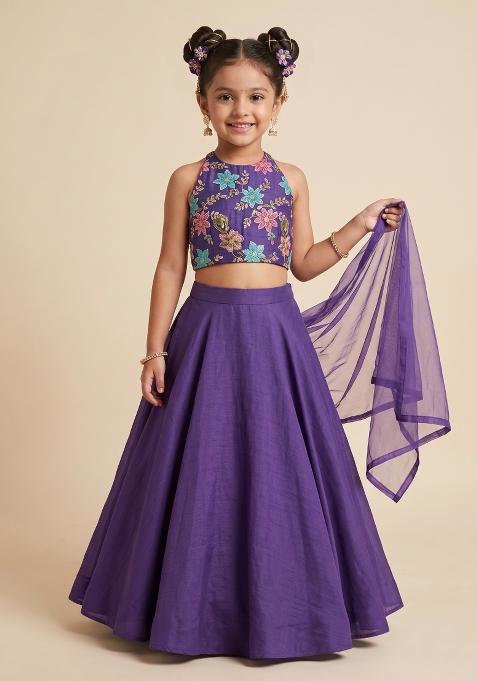 Purple Embroidery Blouse Crepe Lehenga Set For Girls